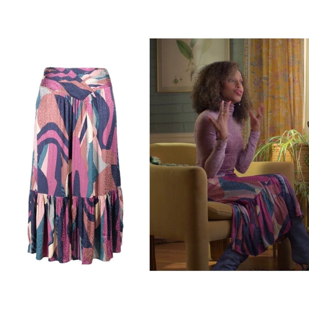 ba&sh Wei Abstract Tiered Midi Skirt Purple Blue Size 34 (US 2) Eclectic Chic